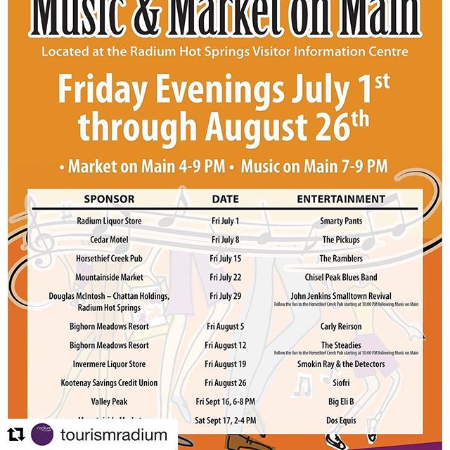 If you are arriving in the #ColumbiaValley on a Friday then Market On Main is well worth a stop in #RadiumHotSprings
********************
#Repost from @tourismradium
・・・
So many great events happening in #Radium check them all out RadiumHotSprings.com