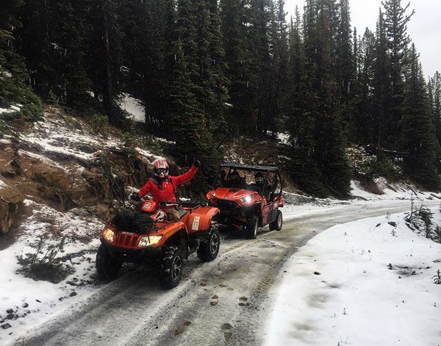 Today's #ATVtour guests found some fresh snow waiting along the trail to #ParadiseCabin. #tobycreekadventures #canadianrockies