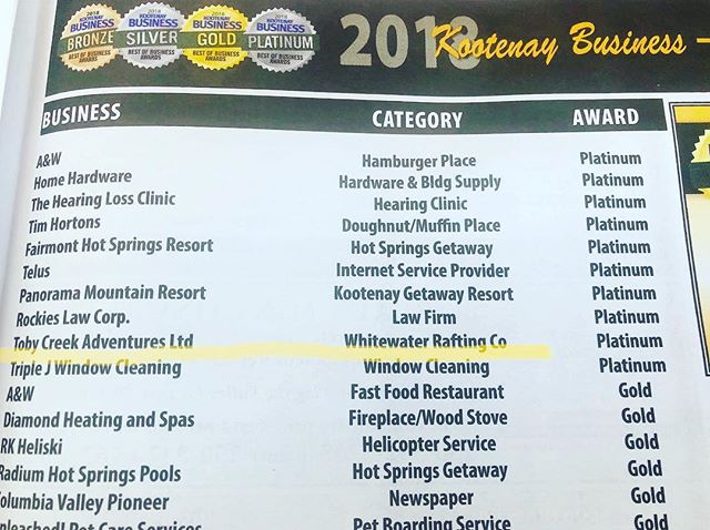 We are stoked to receive a Platinum Award in the 2018 Kootenay Business - Best of Business Awards.  As the category is Whitewater Rafting, we are proudly sharing this recognition with @kootenayriverrunners which is our partner for the very popular Raft n Ride summer season combo which combines an amazing half-day ATV / UTV tour to Paradise with a wild rafting adventure on the Toby hosted by our friend at KRR.
.
.

Congratulations also to our valued partner and neighbour @panoramaresort also a platinum AND silver award winner, and to all the amazing local businesses on this year’s awards list.
.
.

Thank you everyone for the continued recognition of our ATV and Snowmobile tours. We are proud to be an industry leader and we love sharing our mountain playground with guests from all over the world.
.
.
#tobycreekadventures #warmsideoftherockies #kootrocks #canadianrockies #panoramamountainresort #britishcolumbia #kootenaylife #kootenaybusiness #explorebc #canada ????????