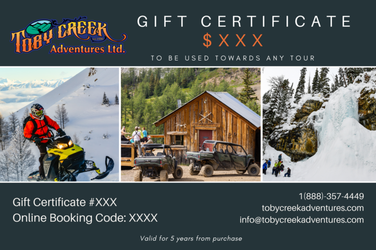 Toby Creek Adventures Gift Certificate featuring snowmobiling, ATV in front of an alpine cabin, and frozen Marmot Falls