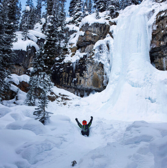 Icefall slide at the frozen Marmot Falls, Toby Creek Adventures