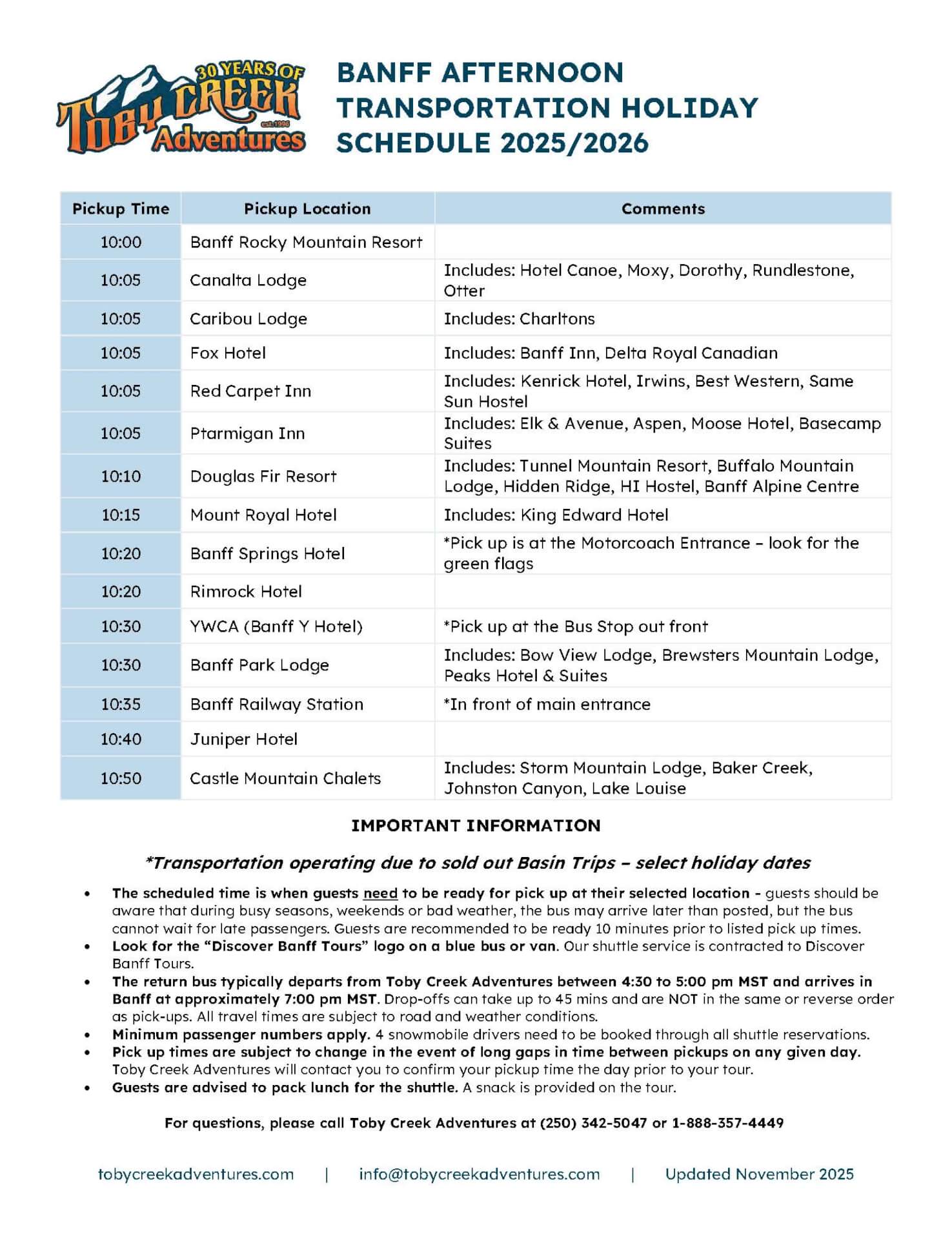 Banff AFTERNOON Transportation Schedule Winter Paradise Mine Tour Toby Creek Adventures