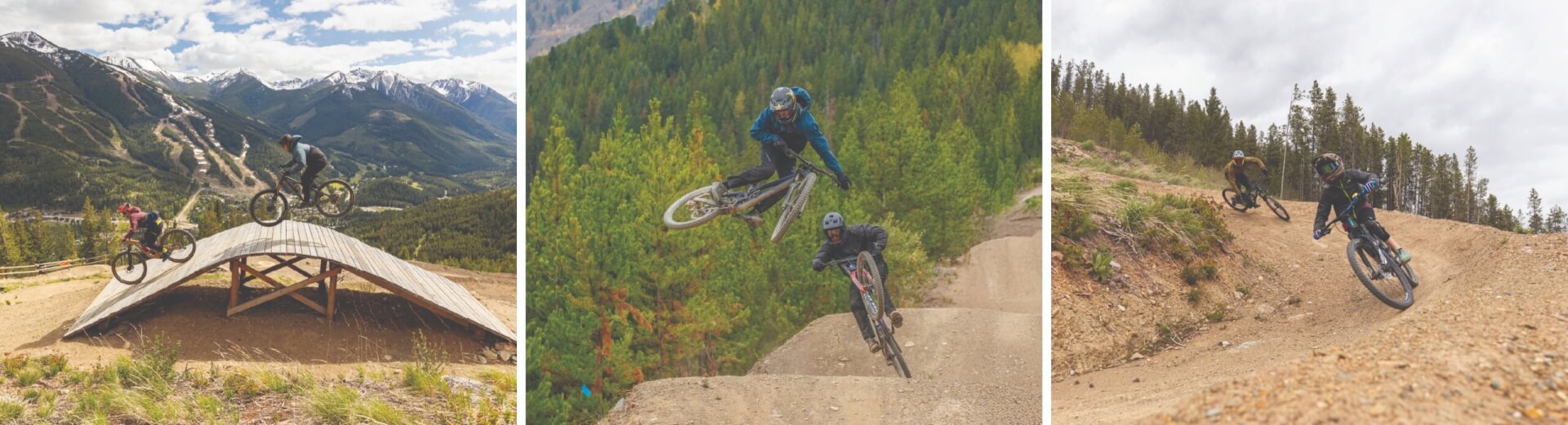 Three images - the first is two riders going over a wooden arc feature called Rainbow bridge, the second is two riders going over a jump with sick style and height, the third is a dad and his son riding a berm corner all at Toby Creek Adventures.