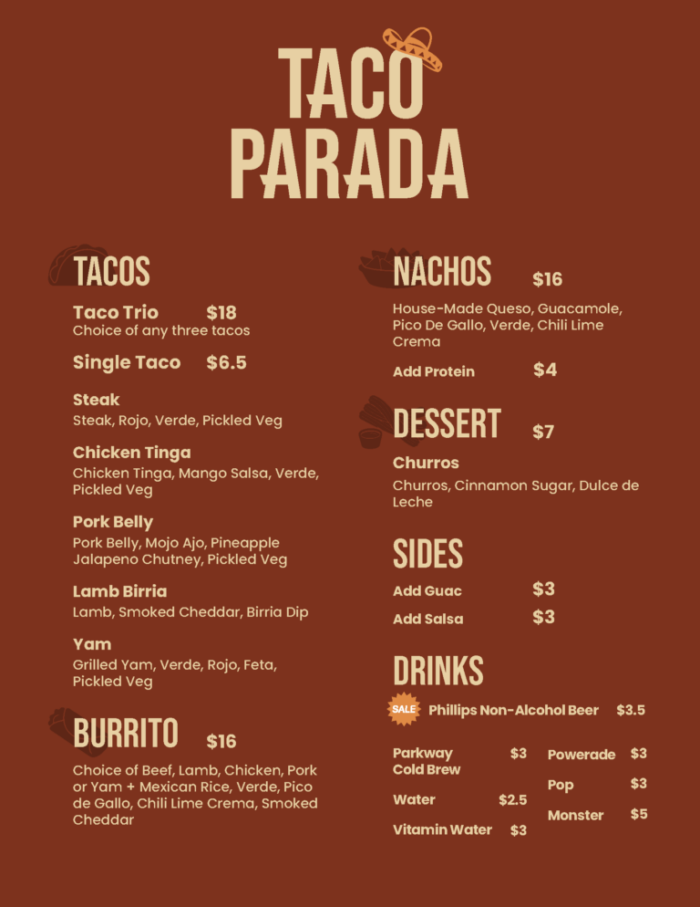 Taca Parada Menu featuring Tacos, Burritos and more!